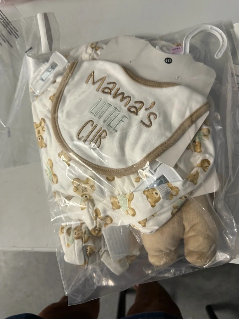 Size 9 month five piece baby set bear MOTIF pajama rattle hat, new with tags